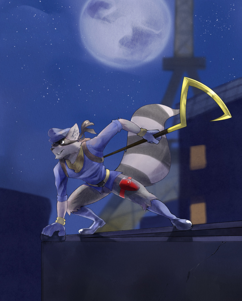 anthro blue_clothing blue_footwear blue_gloves blue_hat blue_headwear blue_topwear cane clothed clothing dannon-5 digital_media_(artwork) footwear full_moon fur gloves grey_body grey_fur grin handwear hat headgear headwear hi_res holding_object male mammal mask moon neckerchief night procyonid raccoon rooftop sky sly_cooper sly_cooper_(series) smile solo sony_corporation sony_interactive_entertainment sucker_punch_productions topwear video_games