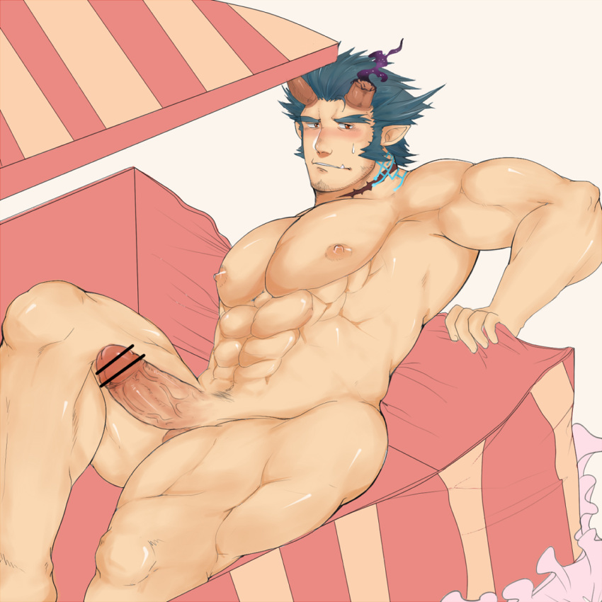 1boy abs bar_censor bara blush box broken_horn censored completely_nude dark_blue_hair demon_boy demon_horns erection facial_hair fang feet_out_of_frame fiery_horns gift gift_box highres horns male_focus male_pubic_hair muscular muscular_male navel nipples nude oversized_object pectorals penis pubic_hair short_hair sideburns solo stomach stubble takemaru_(tokyo_houkago_summoners) thick_eyebrows thick_thighs thighs tokyo_houkago_summoners veins veiny_penis xiaojishangtian