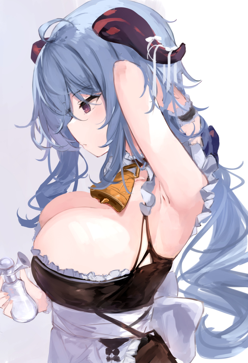 1girl 7gao ahoge alternate_costume apron arm_up armpits bangs bare_shoulders bell blue_hair breast_pump breasts cleavage closed_mouth eyebrows_visible_through_hair from_side ganyu_(genshin_impact) genshin_impact hand_in_hair highres holding horns large_breasts long_hair looking_down milk milking_machine profile purple_eyes sleeveless solo upper_body very_long_hair waist_apron white_apron