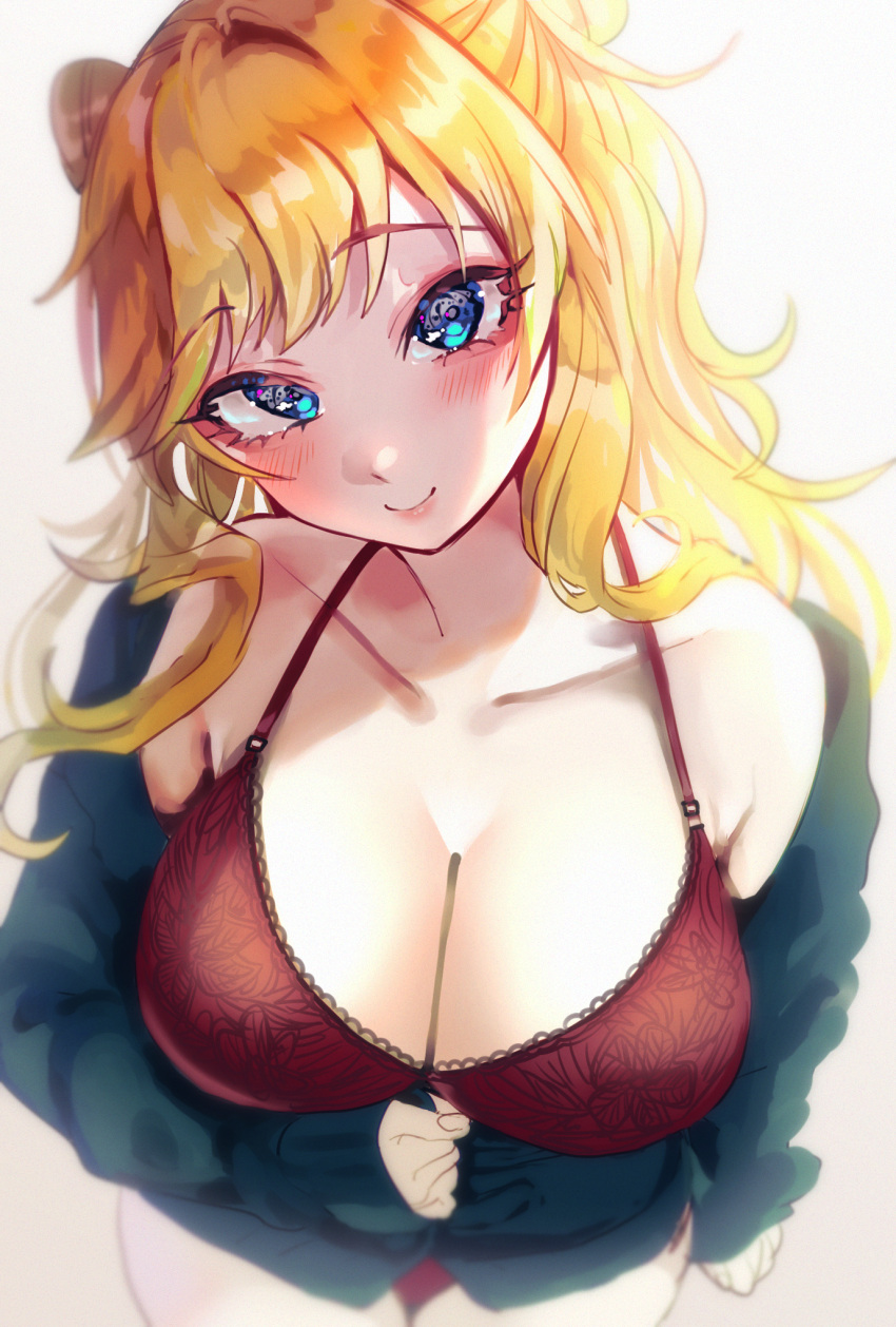 1girl arm_at_side bangs bare_shoulders black_jacket blonde_hair blue_eyes blush bra breasts cleavage closed_mouth collarbone commentary_request eyebrows_visible_through_hair fujima_(k114) highres idolmaster idolmaster_cinderella_girls jacket large_breasts long_hair long_sleeves looking_at_viewer off_shoulder ootsuki_yui red_bra simple_background smile solo underwear upper_body white_background