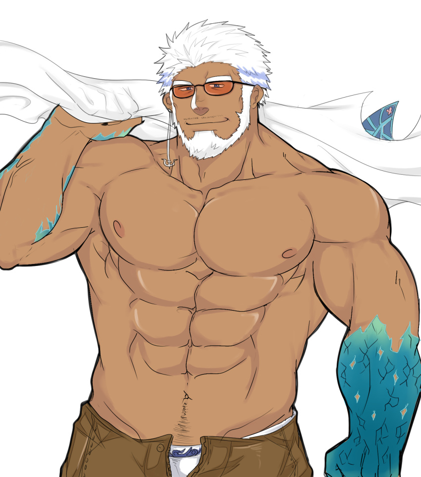 1boy abs aegir_(tokyo_houkago_summoners) anchor_earrings aqua_hair bara beard blue_eyes dark_skin dark_skinned_male earrings facial_hair fins highres holding holding_clothes holding_shirt jewelry male_focus multicolored_hair muscular muscular_male navel navel_hair nipples open_clothes open_shorts pectorals shirt shirtless short_hair shorts single_earring solo stomach streaked_hair sunglasses tokyo_houkago_summoners white_hair white_male_underwear xiaojishangtian