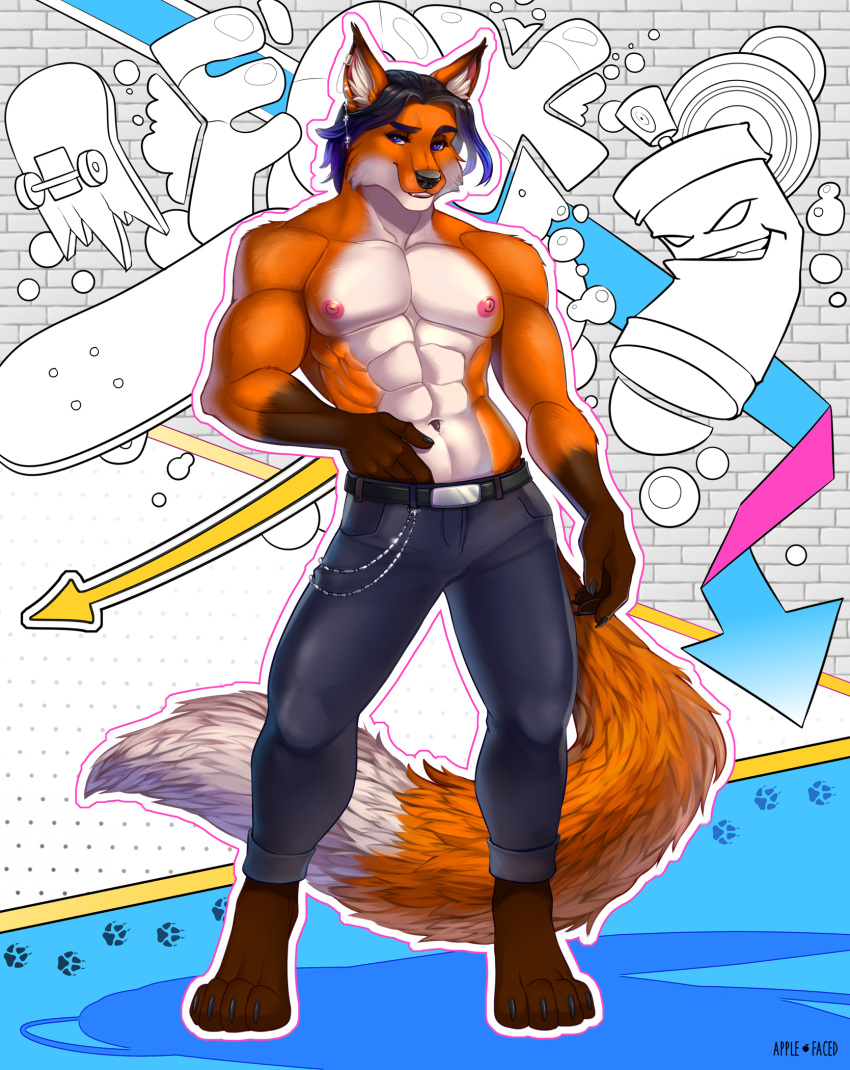 2021 abs anthro apple-faced barefoot baxter_mikasa black_belt black_hair black_nose blue_bottomwear blue_clothing blue_hair blue_pants bottomwear brown_body brown_fur canid canine clothed clothing countershading digital_media_(artwork) dipstick_tail ear_piercing ear_ring fox front_view full-length_portrait fur graffiti hair hi_res inner_ear_fluff long_tail looking_at_viewer male mammal multicolored_body multicolored_fur multicolored_hair multicolored_tail muscular navel orange_body orange_fur orange_tail pants piercing portrait purple_eyes signature solo standing topless tuft two_tone_body two_tone_fur two_tone_hair two_tone_tail white_countershading white_tail