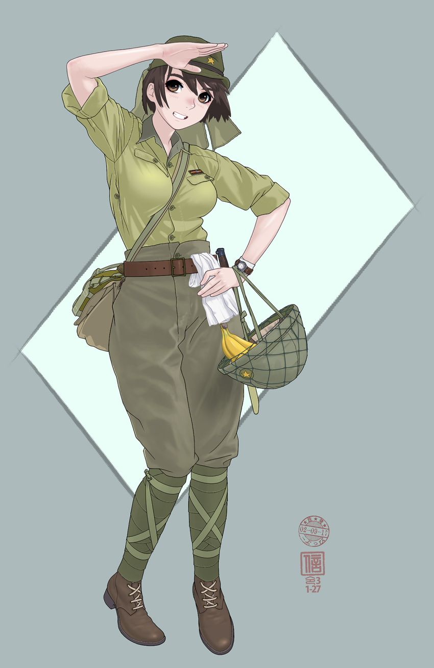 1girl banana belt boots brown_hair food fruit graphite_(medium) hat helmet highres imperial_japanese_army military military_uniform original short_hair sino_(mechanized_gallery) sleeves_folded_up soldier solo traditional_media uniform world_war_ii