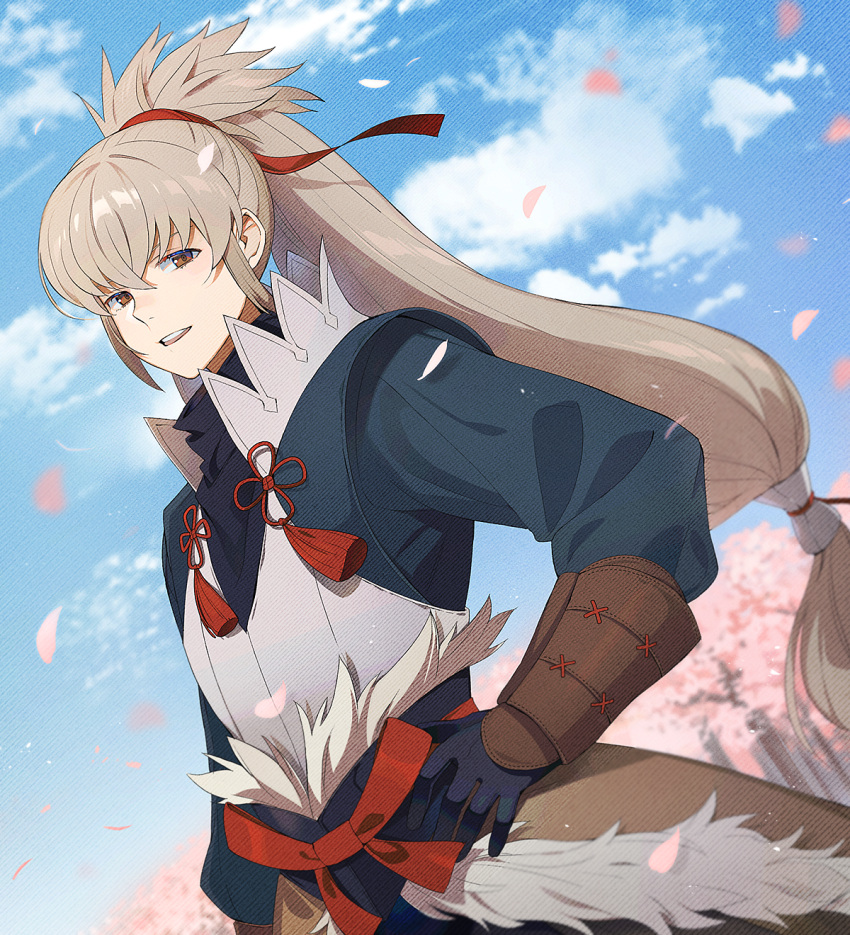 1boy brown_eyes cherry_blossoms cloud commentary_request fire_emblem fire_emblem_fates gloves highres kyufe long_hair male_focus open_mouth ponytail sky smile solo takumi_(fire_emblem) tree vambraces very_long_hair white_hair