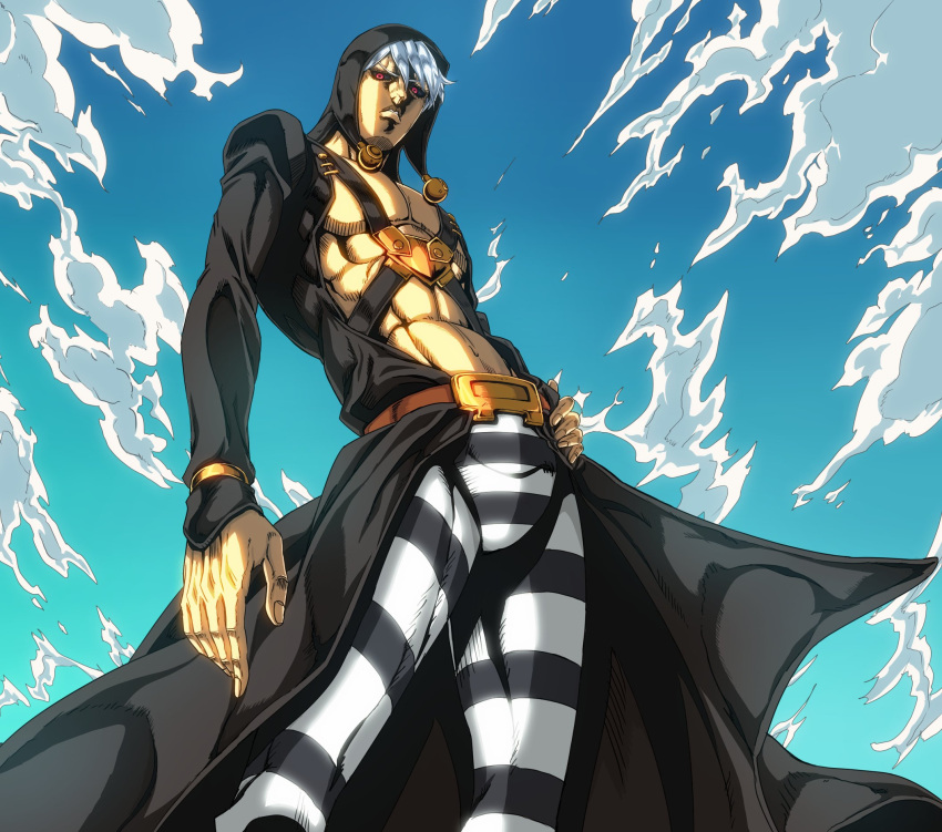 1boy abs belt black_coat black_headwear black_pants black_sclera blue_sky chest_harness cloud coat colored_sclera commentary_request from_below hand_on_hip harness hat hat_bobbles highres ishimoto_shun'ichi jojo_no_kimyou_na_bouken long_coat looking_at_viewer looking_down male_focus official_style open_clothes open_coat pants parted_lips pectorals red_eyes risotto_nero short_hair silver_hair sky solo striped striped_pants toned toned_male vento_aureo white_pants