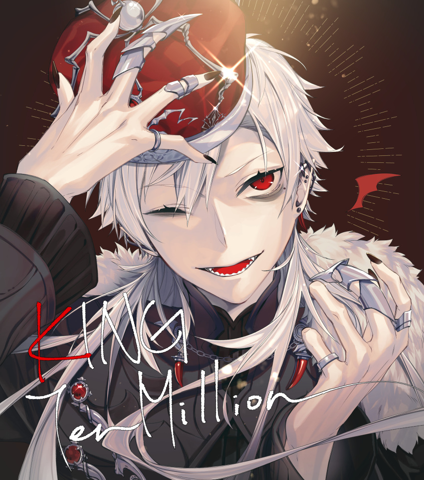 1boy ;d absurdres arm_up bangs black_jacket black_nails claw_ring commentary_request crown ear_piercing earrings english_text eyebrows_visible_through_hair fur_trim hair_between_eyes highres jacket jewelry jh kuzuha_(nijisanji) long_hair long_sleeves looking_at_viewer male_focus nail_polish nijisanji one_eye_closed open_mouth piercing pointy_ears red_eyes sharp_teeth silver_hair smile solo stud_earrings teeth upper_body virtual_youtuber