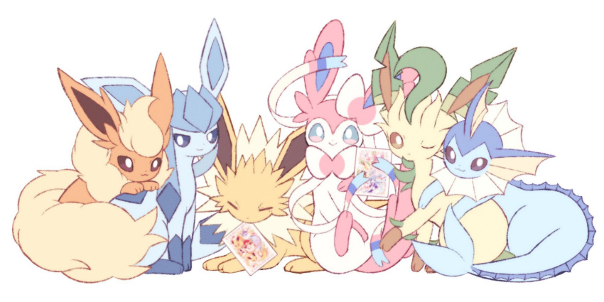 :&gt; :3 brown_eyes closed_eyes closed_mouth flareon gen_1_pokemon gen_4_pokemon gen_6_pokemon glaceon highres jolteon leafeon looking_at_viewer looking_to_the_side moco_font mouth_hold no_humans one_eye_closed photo_(object) pokemon pokemon_(creature) smile sylveon vaporeon