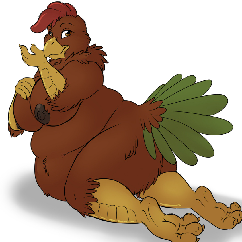 anthro anuvia avian avian_caruncle beak belly big_belly big_breasts bird bird_feet breasts brown_body brown_feathers butt chicken dewlap_(anatomy) feathers female forepawz galliform gallus_(genus) hi_res neck_tuft nipples nude overweight overweight_female phasianid pregnant smile solo tail_feathers tuft wattle