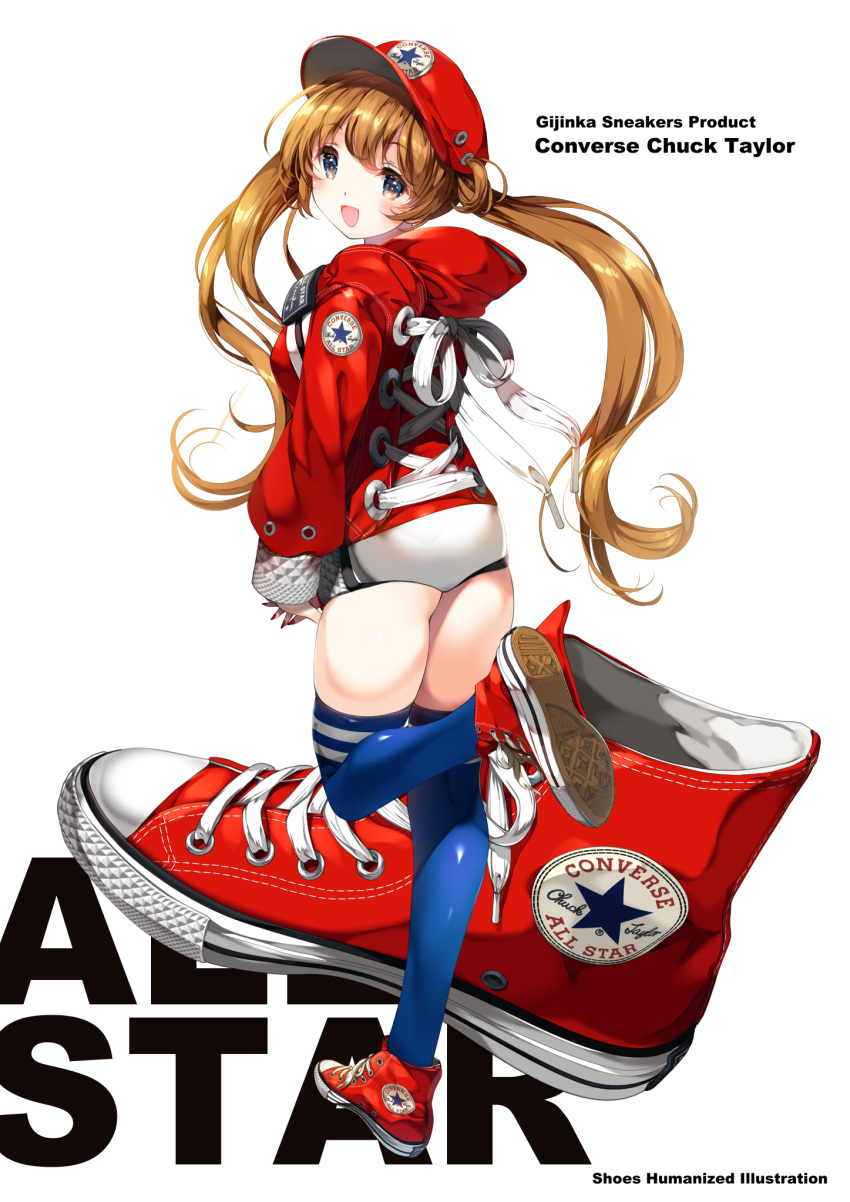 1girl baseball_cap blue_legwear brown_hair commentary_request converse cross-laced_clothes english_text hat high_tops highres hood hoodie long_hair looking_at_viewer open_mouth original pale_skin personification red_footwear red_headwear red_hoodie shimesaba_kohada shoes shorts smile sneakers solo thighhighs twintails white_background white_shorts zettai_ryouiki