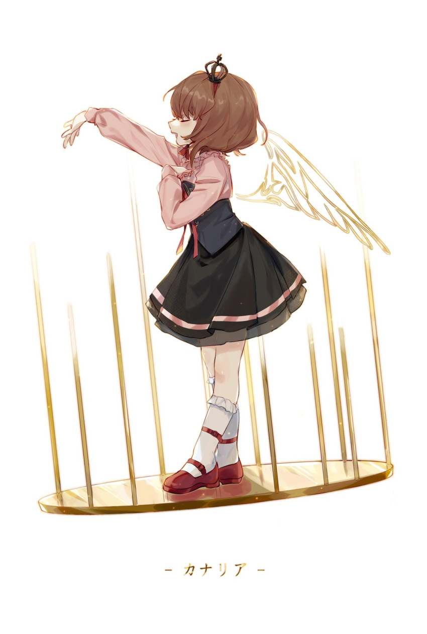 1girl arm_up birdcage brown_hair cage closed_eyes corset crown_hair_ornament dec13yomi frilled_legwear from_side full_body hand_on_own_chest highres katakana long_sleeves open_mouth pink_shirt red_footwear shirt shoes skirt socks solo standing umineko_no_naku_koro_ni ushiromiya_maria white_background white_legwear