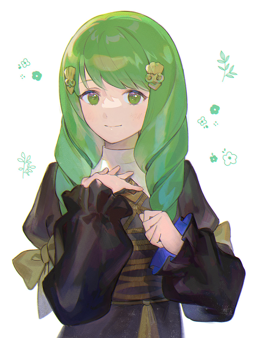 1girl bow closed_mouth fire_emblem fire_emblem:_three_houses flayn_(fire_emblem) garreg_mach_monastery_uniform green_eyes green_hair hair_ornament highres kyufe long_sleeves solo uniform upper_body