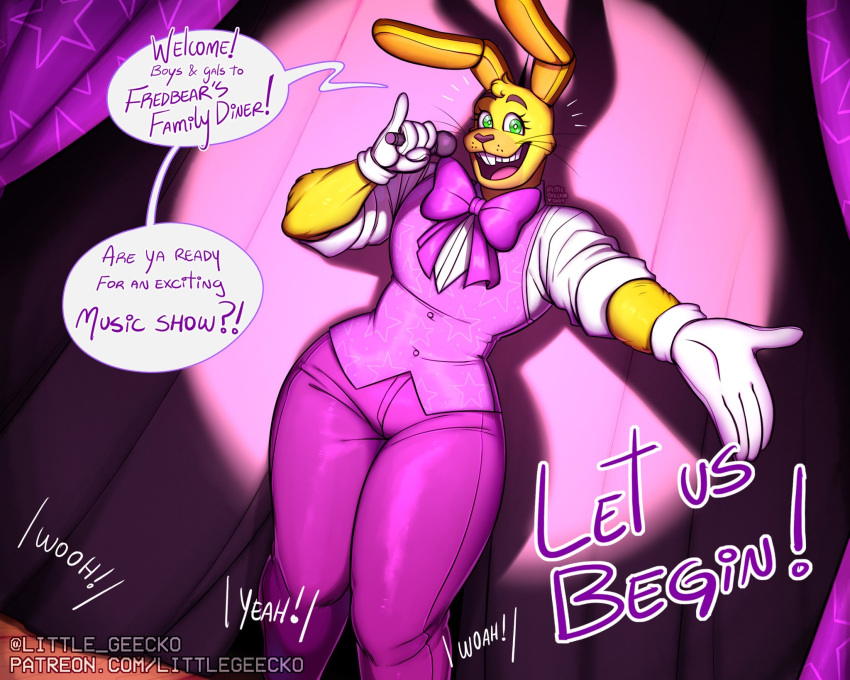 2021 animatronic anthro bow_tie buckteeth clothed clothing dialogue english_text five_nights_at_freddy's five_nights_at_freddy's_4 freckles fur girly gloves green_eyes handwear head_tuft hi_res holding_object lagomorph leporid littlegeecko long_ears looking_at_viewer machine male mammal microphone offscreen_character rabbit robot solo spring_bonnie_(fnaf) talking_to_viewer teeth text thick_thighs tuft video_games watermark whiskers yellow_body yellow_fur