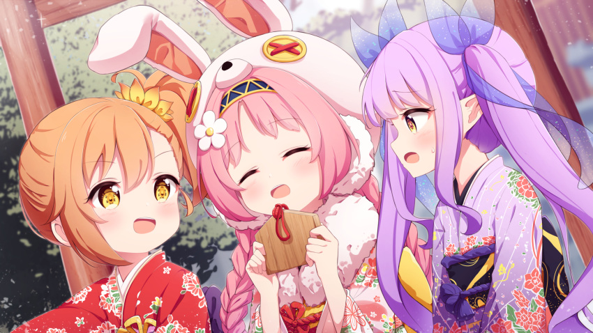 3girls :d animal_ears animal_hat bangs blue_ribbon blush braid brown_eyes brown_hair bunny_ears bunny_hat commentary_request ema eyebrows_visible_through_hair fake_animal_ears floral_print flower fur_collar hair_between_eyes hair_flower hair_ornament hair_ribbon hands_up hat highres holding japanese_clothes kimono kyouka_(princess_connect!) long_hair long_sleeves low_twintails mimi_(princess_connect!) misogi_(princess_connect!) multiple_girls obi open_mouth pink_headwear pink_kimono princess_connect! princess_connect!_re:dive print_kimono purple_hair purple_kimono red_kimono ribbon sash see-through setmen side_ponytail smile torii twin_braids twintails upper_body very_long_hair wide_sleeves yellow_flower
