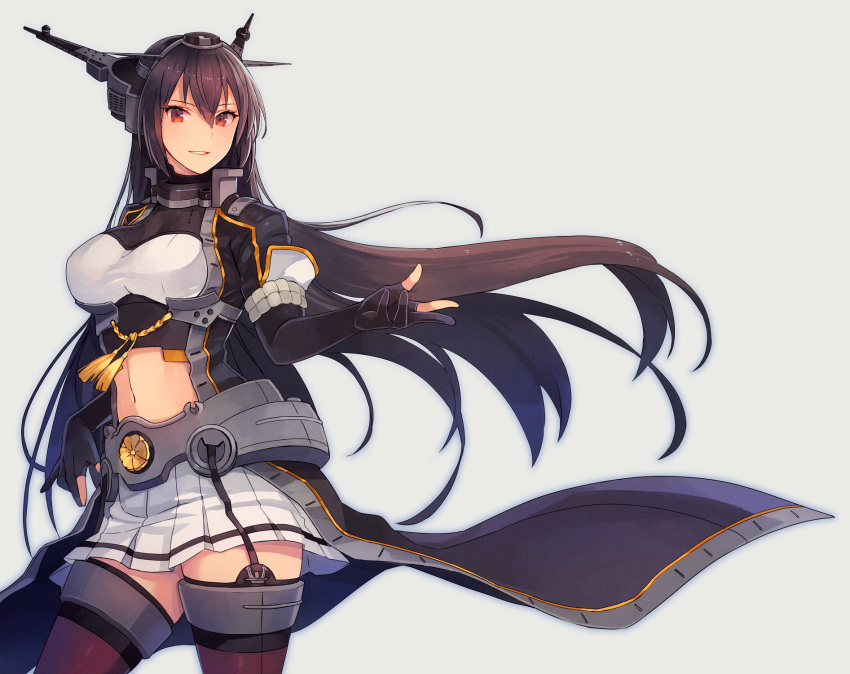 1girl bangs black_coat black_gloves black_hair breasts coat cowboy_shot crop_top elbow_gloves fingerless_gloves gloves grey_background hair_between_eyes headgear highres kantai_collection kasumi_(skchkko) large_breasts long_hair looking_at_viewer midriff miniskirt nagato_(kantai_collection) navel open_clothes open_coat pleated_skirt red_eyes remodel_(kantai_collection) simple_background skirt smile solo standing thighhighs white_skirt