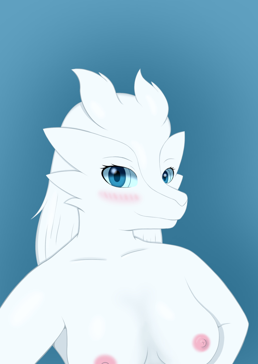 absurd_res anthro blush breasts commandg female hi_res legendary_pok&eacute;mon looking_at_viewer nintendo nipples pok&eacute;mon pok&eacute;mon_(species) reshiram simple_background solo video_games