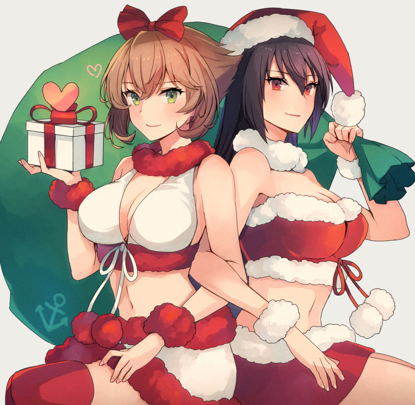 2girls anchor_symbol black_hair blush box breasts brown_hair christmas cleavage closed_mouth eyebrows_visible_through_hair gift gift_box green_eyes grey_background hair_between_eyes hat heart holding holding_gift kantai_collection kasumi_(skchkko) large_breasts long_hair multiple_girls mutsu_(kantai_collection) nagato_(kantai_collection) navel pom_pom_(clothes) red_eyes red_legwear santa_costume santa_hat short_hair simple_background smile thighhighs