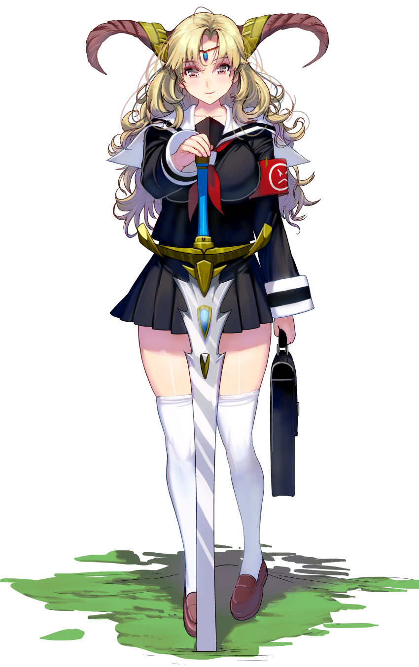 1girl absurdres bag black_serafuku blonde_hair breasts circlet full_body hand_on_hilt highres horns large_breasts loafers long_hair looking_at_viewer masao original photoshop_(medium) planted_sword planted_weapon pleated_skirt purple_eyes revision school_bag school_uniform serafuku shoes simple_background skindentation skirt smile solo sword thighhighs tiara uniform weapon white_background white_legwear