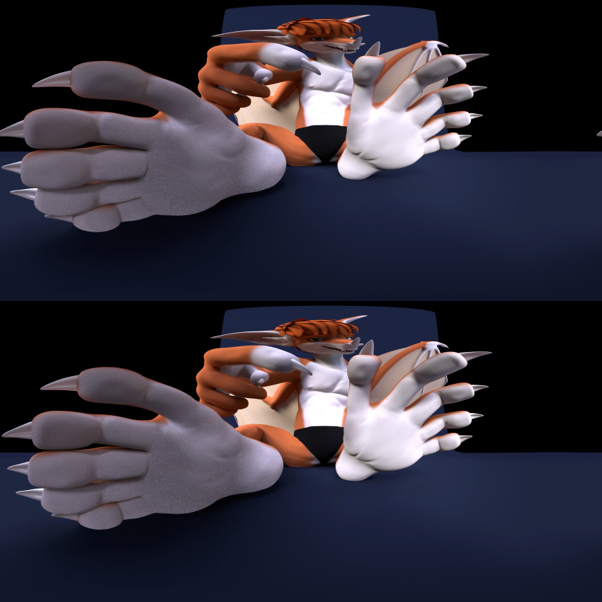 1:1 360_fov 3d_(artwork) 5_fingers 5_toes absurd_res aerys aerys_(artist) anthro batzilla biped black_clothing black_underwear chiropteran claws clothed clothing digital_media_(artwork) feet fingers foot_focus fur gesture green_eyes hi_res looking_at_viewer male mammal membrane_(anatomy) membranous_wings nipples orange_body orange_fur pointing pteropodid solo stereogram toes underwear underwear_only vertical_stereogram white_body white_fur wings