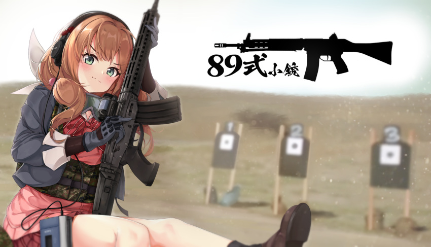 1girl assault_rifle blush character_name girls_frontline gloves green_eyes gun headphones highres holding holding_gun holding_weapon howa_type_89 howa_type_89_(girls_frontline) ohshit red_hair rifle solo tagme walkman weapon