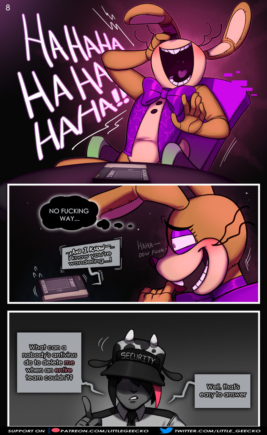 ! ... 2020 ? anthro big_bow_tie big_ears black_background black_hair blush bottomless bottomless_male bow_tie buckteeth chair close-up clothed clothing comic comic_page comic_panel dialogue dialogue_box dilated_pupils english_text eyelashes five_nights_at_freddy's five_nights_at_freddy's_vr:help_wanted fnaf_vr_help_wanted furniture glitchtrap grey_background grey_body grey_skin hair hand_on_face hand_on_head hat headgear headwear hi_res horn human lagomorph laugh leporid littlegeecko long_ears long_whiskers looking_at_viewer male mammal motion_lines multicolored_body multicolored_ears multicolored_hair narrowed_eyes necktie nightguard open_mouth pink_eyes question rabbit raised_arm red_hair security security_guard shirt short_hair simple_background sitting smile solo_focus speech_bubble squint tan_body tan_ears teeth text thinking thought_bubble topwear uniform url vest video_games whiskers white_body white_ears