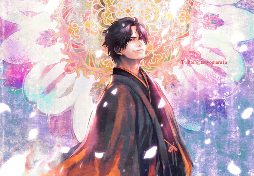 1boy alternate_costume artist_name bangs black_hair black_kimono floral_background flower freckles head_tilt japanese_clothes kimono male_focus one_piece parted_bangs petals portgas_d_ace short_hair smile solo tsuyomaru twitter_username upper_body