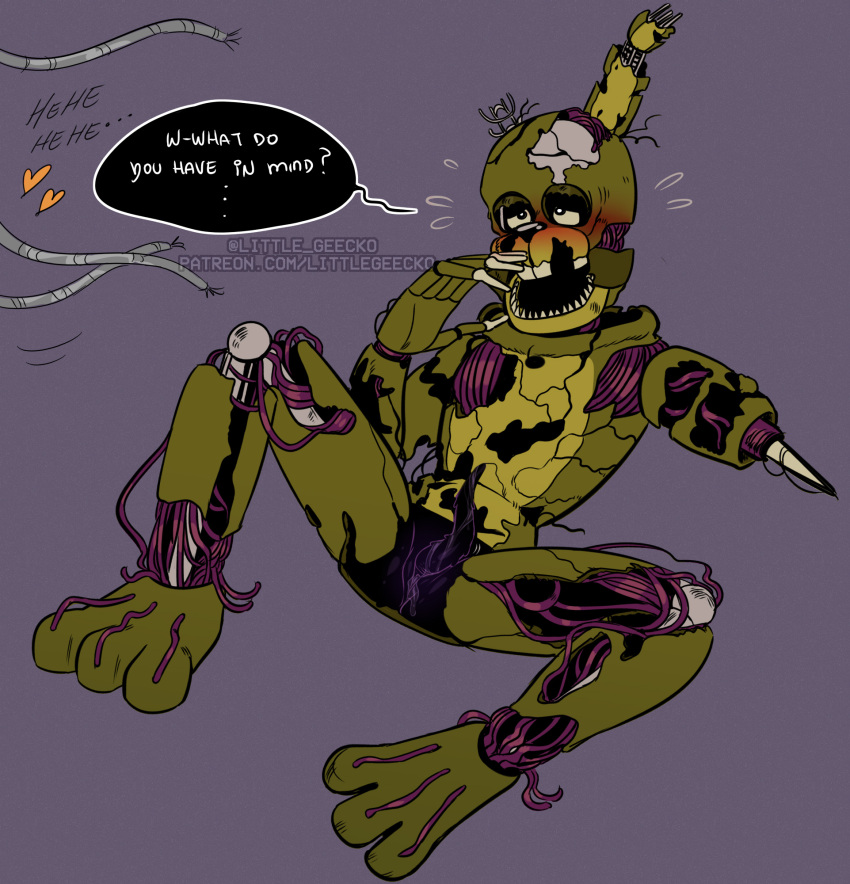 &lt;3 ... 1_arm 2020 3_toes 5_fingers ? alternate_version_at_source animal_genitalia animatronic anthro anus barefoot big_feet big_teeth black_eyes black_penis blush bodily_fluids bone buckteeth corpse death dialogue english_text erection exposed_endoskeleton feet fingers five_nights_at_freddy's freddy_fazbear's_pizzeria_simulator genital_fluids genital_slit genitals green_body grey_background half-closed_eyes hi_res lagomorph leporid littlegeecko looking_at_another machine male mammal multicolored_body multicolored_penis narrowed_eyes nervous notched_ear offscreen_character open_mouth penis presenting presenting_penis purple_penis question rabbit robot scraptrap_(fnaf) sharp_teeth simple_background sitting skeleton skull slit slitfluid solo speech_bubble spread_legs spreading sweat tapering_penis teeth text toes unusual_genitalia video_games watermark wire