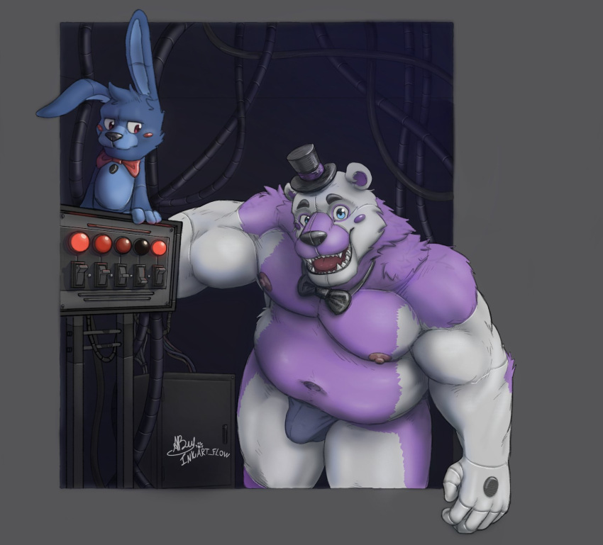 2020 angry animatronic annoyed anthro areola barazoku biceps blue_body blue_eyes blue_fur bow_tie bulge chubby_anthro chubby_male clothed clothing duo fangs five_nights_at_freddy's funtime_freddy_(fnafsl) fur hi_res inkart_flow lagomorph leporid long_ears looking_at_viewer looking_down machine male mammal manly mostly_nude multicolored_body multicolored_fur muscular navel nipples open_mouth pecs pink_eyes pink_tongue puppet puppet_bonnie_(fnafsl) purple_body purple_fur rabbit robot round_ears sharp_teeth sister_location size_difference slightly_chubby smile standing switch teeth thick_thighs tongue triceps underwear ursid video_games white_body white_fur wire