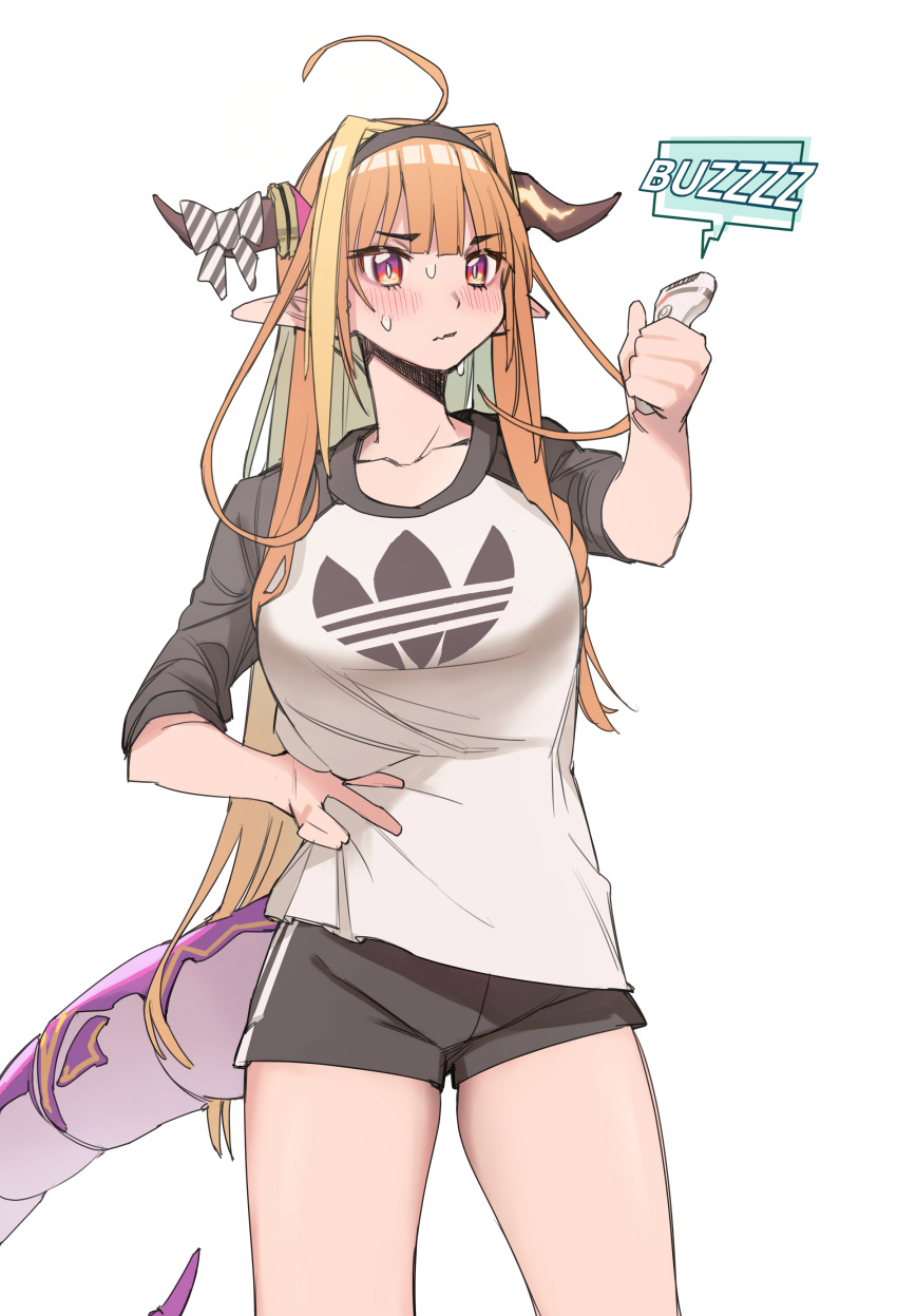 1girl absurdres adidas ahoge alternate_costume bangs black_hairband black_shorts blonde_hair blunt_bangs blush bow bowtie braid casual collarbone cropped_legs diagonal-striped_bow dragon_girl dragon_horns dragon_tail electric_razor english_text eyebrows_visible_through_hair fang hairband hand_on_hip hand_up highlights highres holding hololive horn_bow horns kiryuu_coco logo long_hair looking_at_object multicolored multicolored_eyes multicolored_hair orange_hair pointy_ears purple_eyes red_eyes scales shirt shorts simple_background single_braid skin_fang sleeves_rolled_up solo streaked_hair sweat tail very_long_hair virtual_youtuber white_background xiaoju_xiaojie