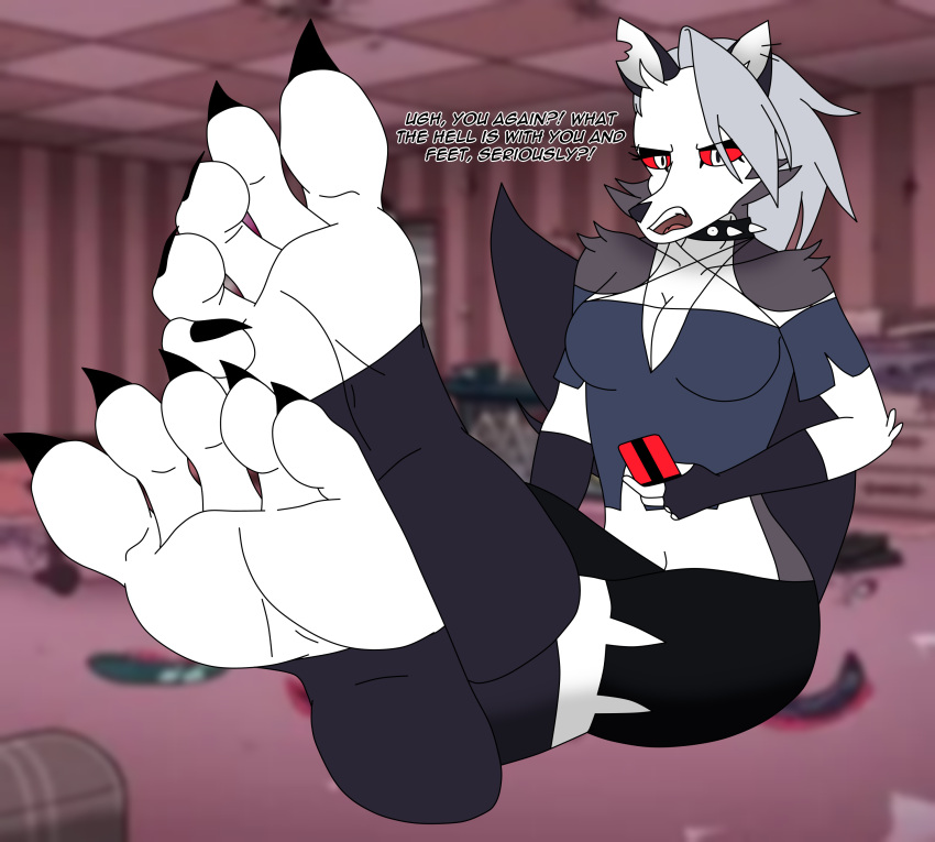 absurd_res canid canid_demon claws clothing demon feet female fingerless_gloves foot_focus gloves handwear hellhound helluva_boss hi_res loona_(vivzmind) mammal raidenthedeoxys red_sclera toe_claws toes