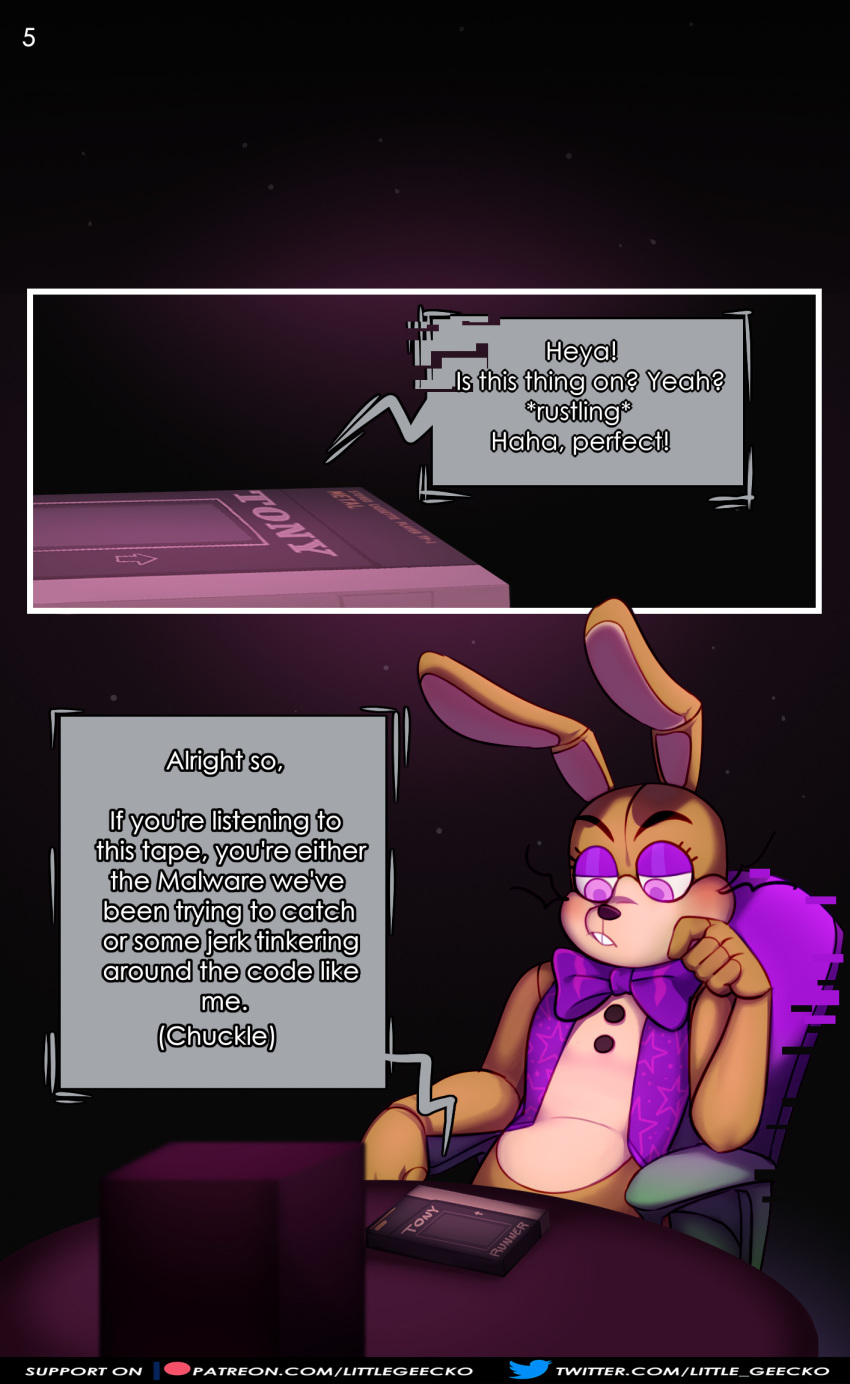 ! 2020 ? anthro arrow big_bow_tie big_ears black_background blush bottomless bottomless_male bow_tie buckteeth cassette_player chair clothed clothing comic comic_page comic_panel dialogue dialogue_box english_text eyelashes fingers five_nights_at_freddy's five_nights_at_freddy's_vr:help_wanted fnaf_vr_help_wanted frown furniture glitch glitchtrap half-closed_eyes hand_on_face hand_on_head hi_res lagomorph laugh leporid littlegeecko long_ears long_whiskers looking_down male mammal motion_lines multicolored_body multicolored_ears narrowed_eyes pink_eyes question rabbit simple_background sitting solo table tan_body tan_ears teeth text topwear url vest video_games whiskers white_body white_ears