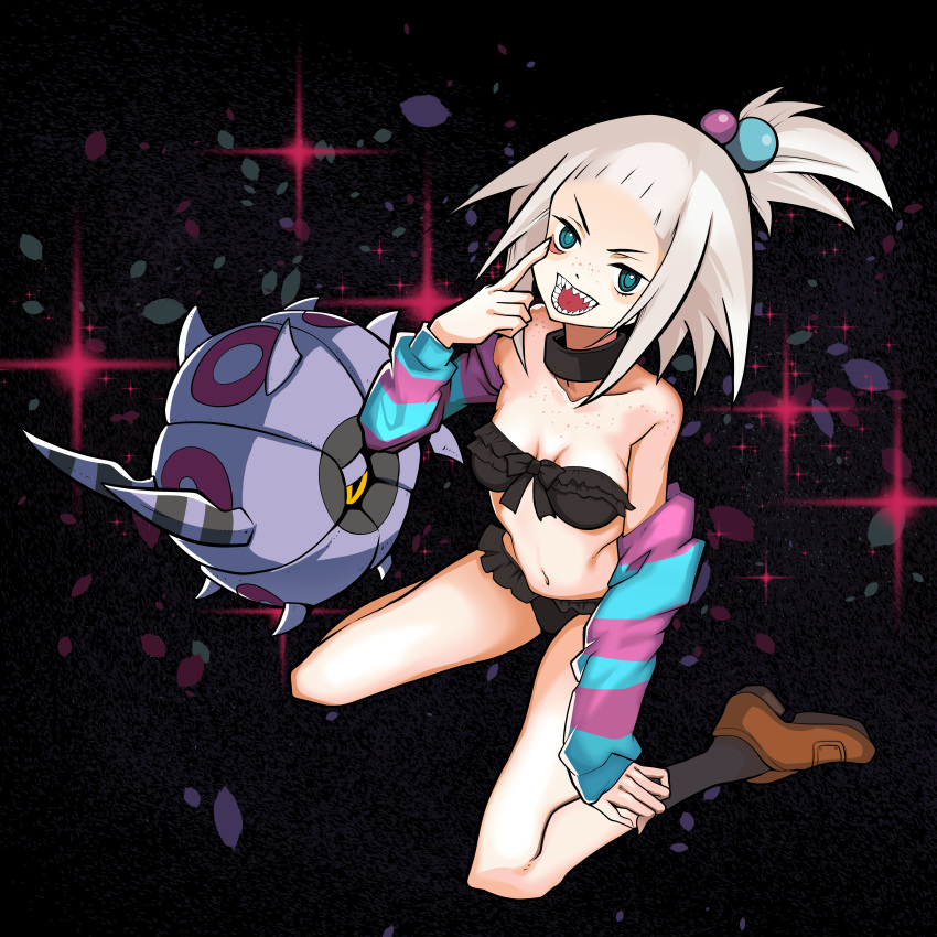 1girl absurdres akanbe alternate_costume bikini black_bikini blue_eyes breasts bug choker commission commissioner_upload fangs freckles gen_5_pokemon highres huge_filesize looking_at_viewer pokemon pokemon_(game) pokemon_bw2 roxie_(pokemon) sitting sleeves small_breasts sparkle_background stomach swimsuit tongue tongue_out topknot whirlipede white_hair yeehengyeo