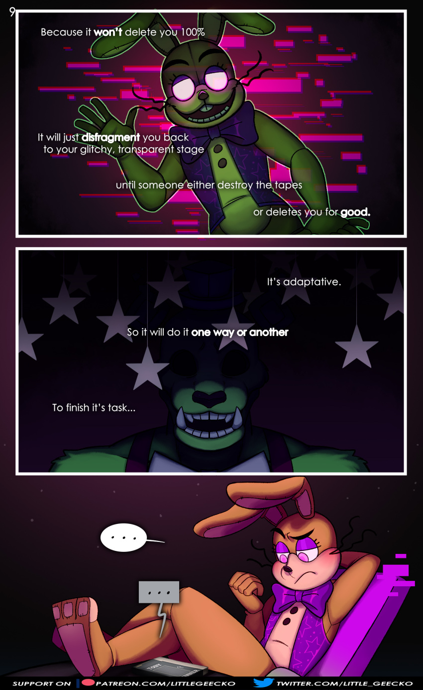 ... 2020 3_toes 5_fingers animatronic anthro big_bow_tie big_ears black_background black_eyes blush bottomless bottomless_male bow_tie buckteeth cassette_player chair close-up clothed clothing comic comic_page comic_panel crossed_legs dialogue dialogue_box dreadbear_(fnaf) english_text eyelashes fangs feet fingers five_nights_at_freddy's five_nights_at_freddy's_vr:help_wanted fnaf_vr_help_wanted frown fur furniture gesture glitch glitchtrap green_body green_fur half-closed_eyes hand_behind_head hat headgear headwear hi_res lagomorph leporid littlegeecko long_ears long_whiskers looking_at_viewer looking_down machine male mammal multicolored_body multicolored_ears narrowed_eyes open_mouth pawpads paws pink_background pink_eyes purple_background rabbit robot round_ears sharp_teeth simple_background sitting smile solo soulless_eyes speech_bubble star tan_body tan_ears teeth text thick_thighs toes top_hat topwear url ursid vest video_games waving waving_at_viewer waving_hand whiskers white_body white_ears white_pawpads white_paws_(anatomy)