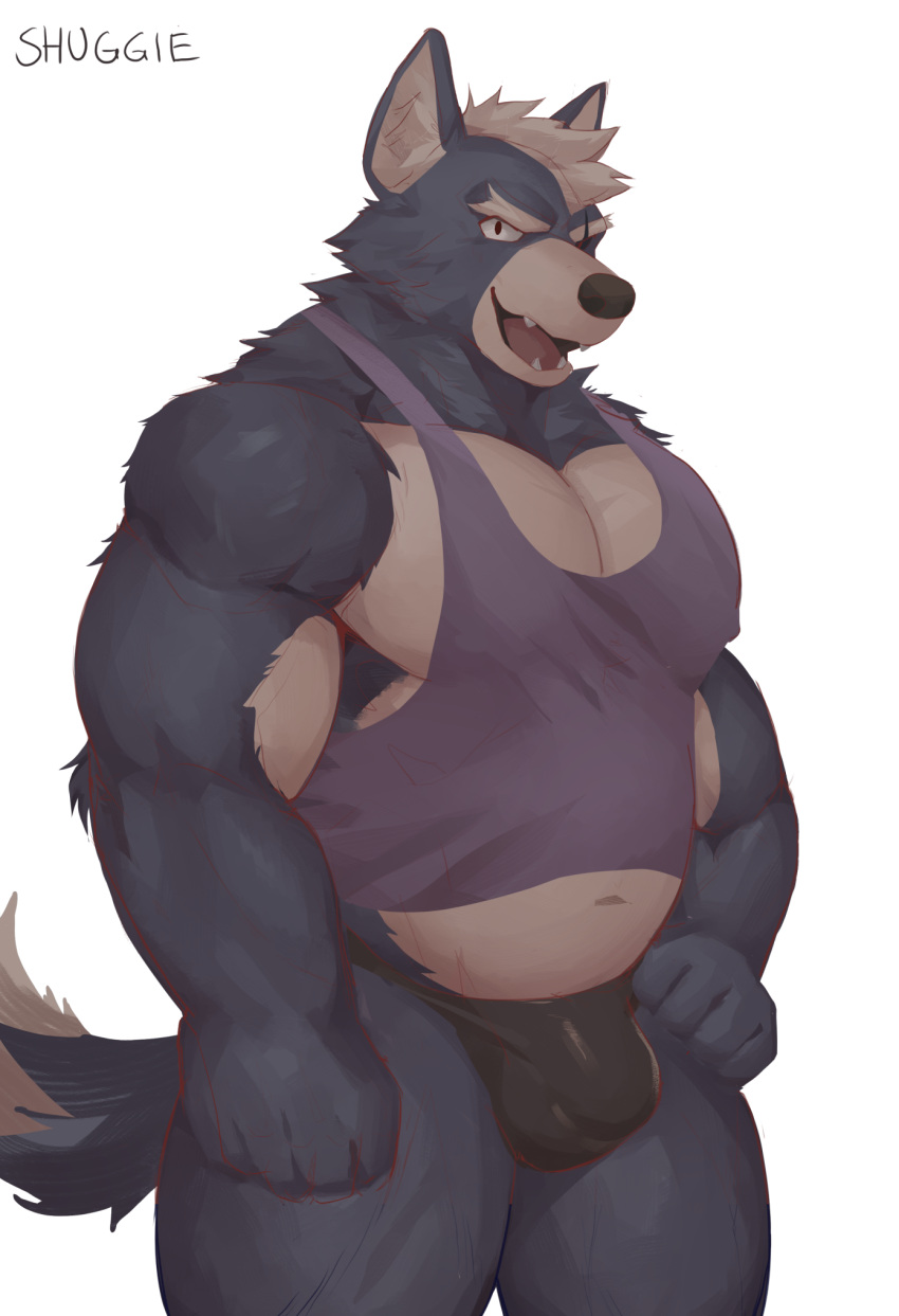 anthro black_clothing black_underwear bulge canid canine canis clothed clothing eye_scar facial_scar fangs fur grey_body grey_fur hi_res looking_at_viewer male mammal muscular muscular_anthro muscular_male nintendo open_mouth pecs scar shirt shugggie simple_background solo star_fox tank_top topwear underwear video_games white_background white_body white_fur wolf wolf_o'donnell