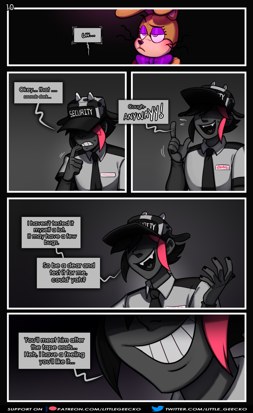 ... 2020 5_fingers :&lt; ? annoyed anthro big_bow_tie big_ears black_background black_hair blush bodily_fluids bow_tie close-up clothed clothing comic comic_page comic_panel dialogue english_text eyelashes fangs fingers five_nights_at_freddy's five_nights_at_freddy's_vr:help_wanted fnaf_vr_help_wanted frown glitchtrap grey_background grey_body grey_skin hair half-closed_eyes hat headgear headwear hi_res horn human lagomorph leporid littlegeecko long_ears long_whiskers male mammal motion_lines multicolored_ears multicolored_hair narrowed_eyes necktie nightguard pink_eyes question rabbit red_hair security security_guard sharp_teeth shirt short_hair simple_background smile solo_focus speech_bubble sweat tan_body tan_ears teeth text topwear uniform url video_games whiskers white_ears