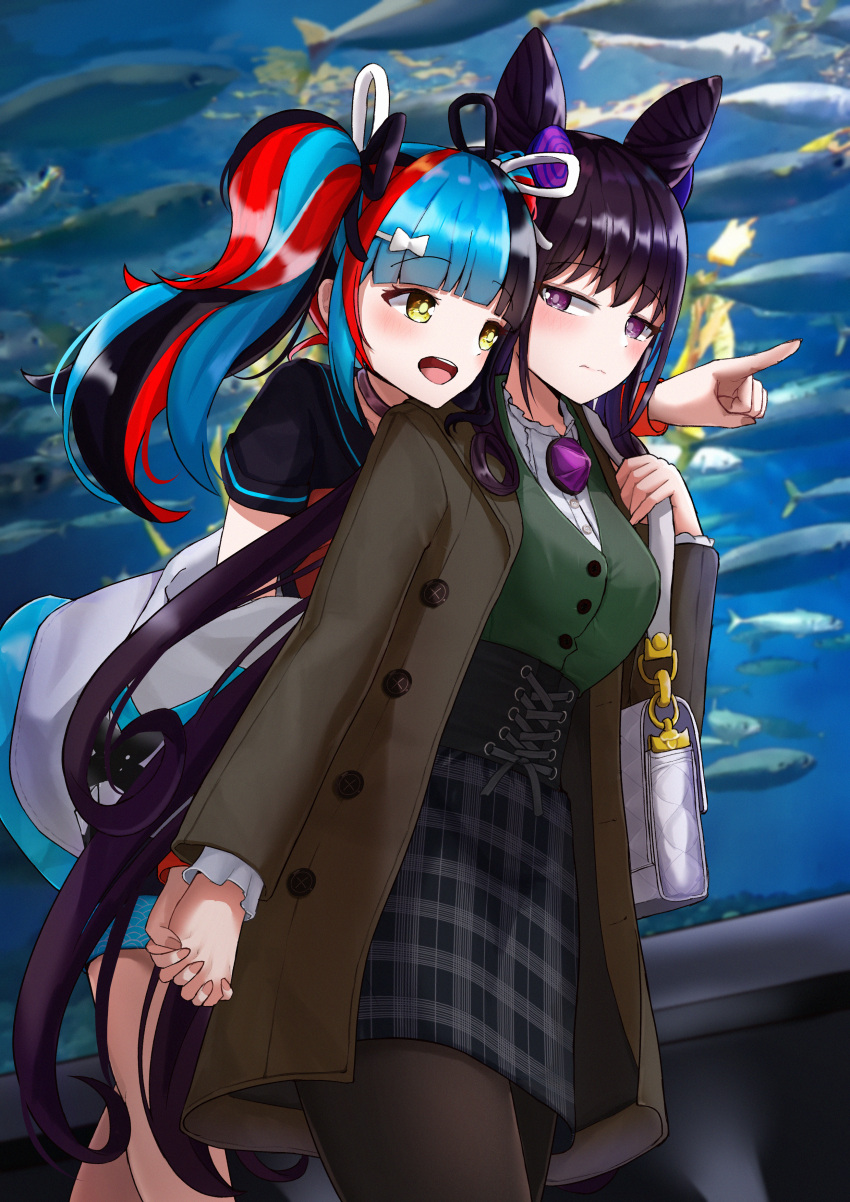 2girls :d absurdres bag bangs black_hair black_legwear black_sailor_collar black_shirt blue_hair blunt_bangs boo_iro breasts brown_jacket closed_mouth double_bun eyebrows_visible_through_hair fate/grand_order fate_(series) fish green_shirt hair_ornament hair_ribbon handbag highres holding_hands huge_filesize indoors jacket large_breasts long_hair looking_at_another multicolored_hair multiple_girls murasaki_shikibu_(fate) official_art open_mouth pantyhose plaid plaid_skirt pointing purple_eyes red_hair ribbon sailor_collar sei_shounagon_(fate) shirt skirt smile twintails very_long_hair white_jacket yellow_eyes yuri