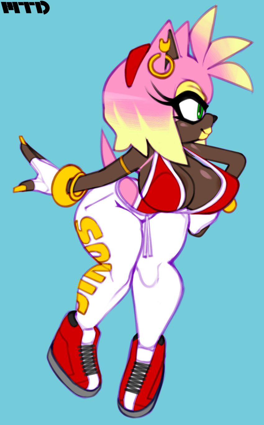 absurd_res alternate_version_at_source amy_rose anthro areola areola_slip big_breasts breasts clothing dark_body dark_skin ear_piercing eulipotyphlan female footwear hedgehog hi_res highlights_(coloring) lips long_nails mammal marthedog piercing ring shoes solo sonic_the_hedgehog_(series) thick_thighs