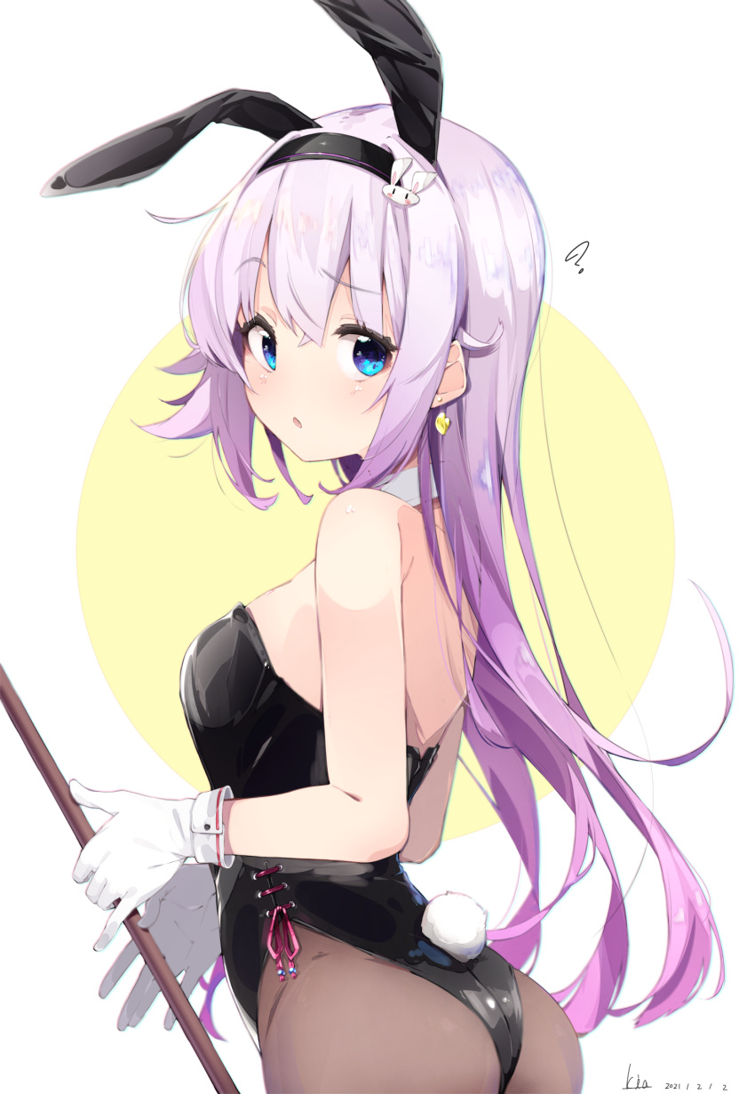 .live 1girl ? animal_ears ass blue_eyes breasts bunny_ears carro_pino commentary_request dated detached_collar earrings fake_animal_ears hair_between_eyes headband highres jewelry kia_0088 long_hair looking_at_viewer pantyhose playboy_bunny purple_hair simple_background small_breasts solo virtual_youtuber