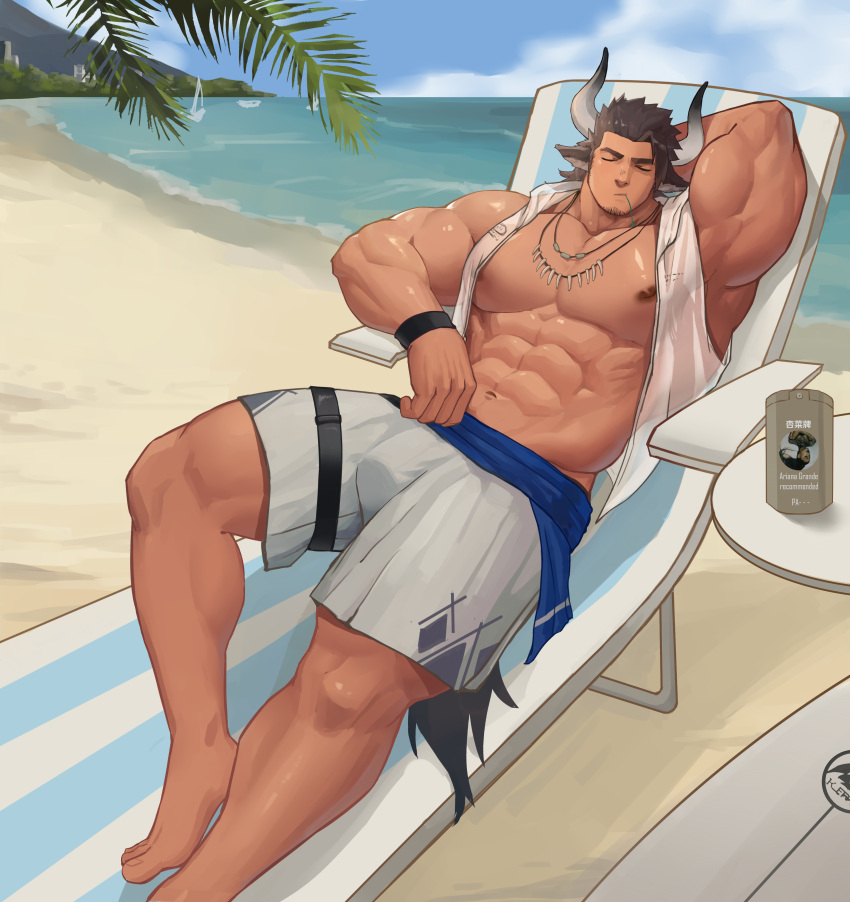 1boy abs absurdres animal_ears arknights bara bare_pecs beach brown_hair bulge cow_boy cow_ears cow_horns facial_hair highres horns lying male_focus male_swimwear matterhorn_(arknights) matterhorn_(beach_guard)_(arknights) medium_hair muscular muscular_male navel nipples on_back pectorals see-through shirt shorts sleeveless sleeveless_shirt solo stomach stubble swim_trunks swimwear thick_thighs thighs white_shirt white_shorts xianyusamuel