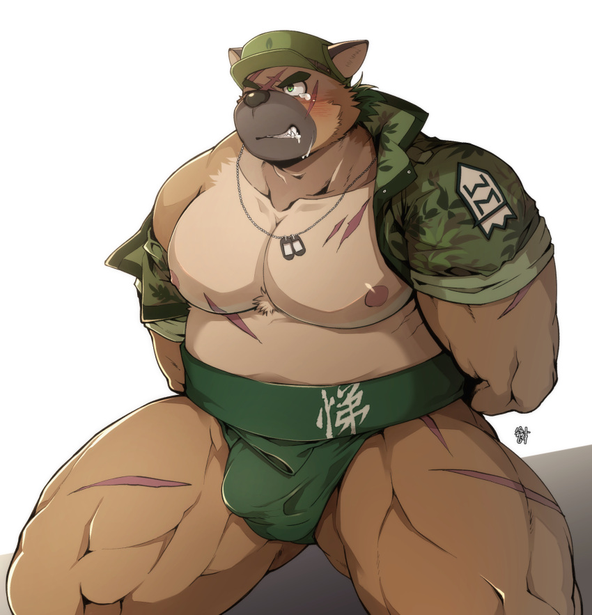 1boy abs alternate_costume animal_ears bara bare_pecs blush bound bound_wrists brown_fur bulge camouflage camouflage_jacket dog_tags drooling fox_boy fox_ears frown green_eyes green_headwear hat highres jacket kneeling looking_up m_ikky male_focus muscular muscular_male navel nipples official_art open_clothes open_jacket peaked_cap pectorals scar scar_on_cheek scar_on_chest scar_on_face short_hair single_bare_shoulder solo stomach sumo tearing_up thick_eyebrows thick_thighs thighs tokyo_houkago_summoners yasuyori_(tokyo_houkago_summoners)