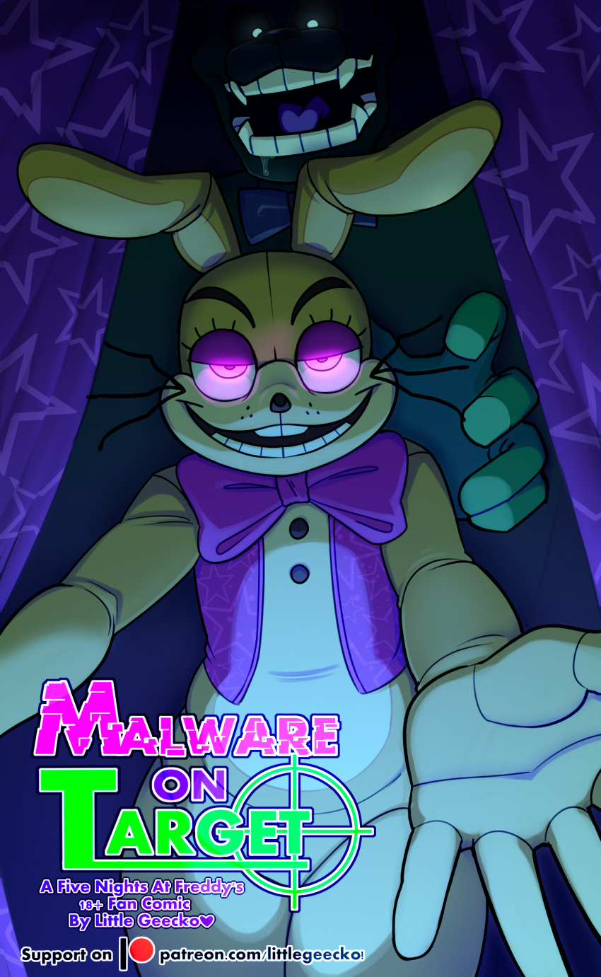&lt;3 2020 5_fingers animatronic anthro big_bow_tie big_ears bodily_fluids bottomless bottomless_male bow_tie buckteeth clothed clothing comic cover cover_art cover_page crosshair curtains dilated_pupils dreadbear_(fnaf) drooling duo english_text eyelashes fangs fingers five_nights_at_freddy's five_nights_at_freddy's_vr:help_wanted fnaf_vr_help_wanted glitchtrap glowing glowing_eyes half-closed_eyes hi_res lagomorph leporid littlegeecko long_ears long_whiskers looking_at_viewer looking_down machine male mammal multicolored_body multicolored_ears narrowed_eyes open_mouth pink_eyes purple_tongue rabbit reaching_out reaching_towards_viewer reticle robot saliva sharp_teeth size_difference smile stage_curtains standing star tan_body tan_ears teeth text thick_thighs tongue topwear ursid vest video_games whiskers white_body white_ears white_eyes