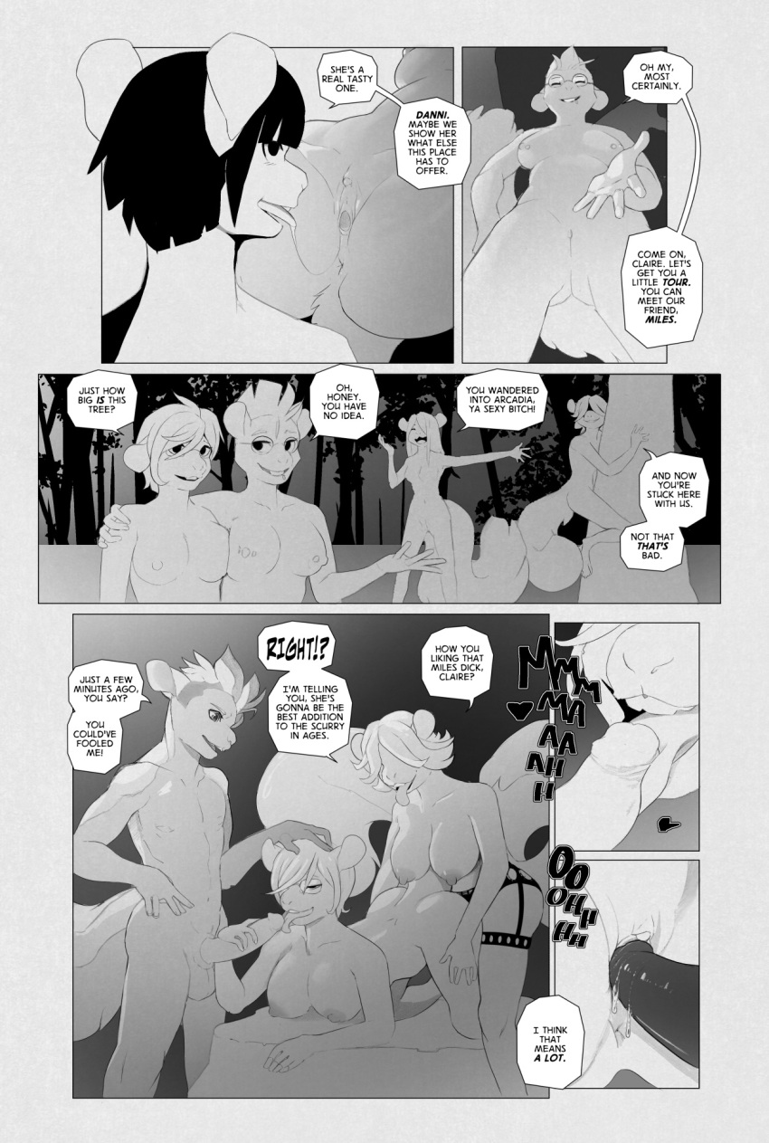 after_transformation anthro big_breasts breasts comic corablue cunnilingus dildo english_text eyewear fellatio female female/female female_penetrated female_penetrating female_penetrating_female genitals glasses group hi_res male mammal mephitid monochrome nude oral penetration penile profanity pussy rodent sciurid sex sex_toy skunk speech_bubble strapon text transformation vaginal vaginal_penetration