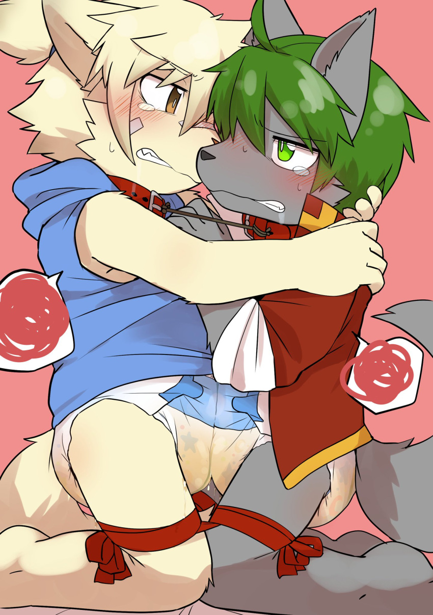 anthro blush bodily_fluids bound canid canine canis clothed clothing diaper digital_media_(artwork) duo embarrassed fur genital_fluids hair hi_res leaking_diaper leash legs_tied male male/male mammal satsuki_rabbit simple_background tears tied_together urine watersports wet_diaper wetting wolf