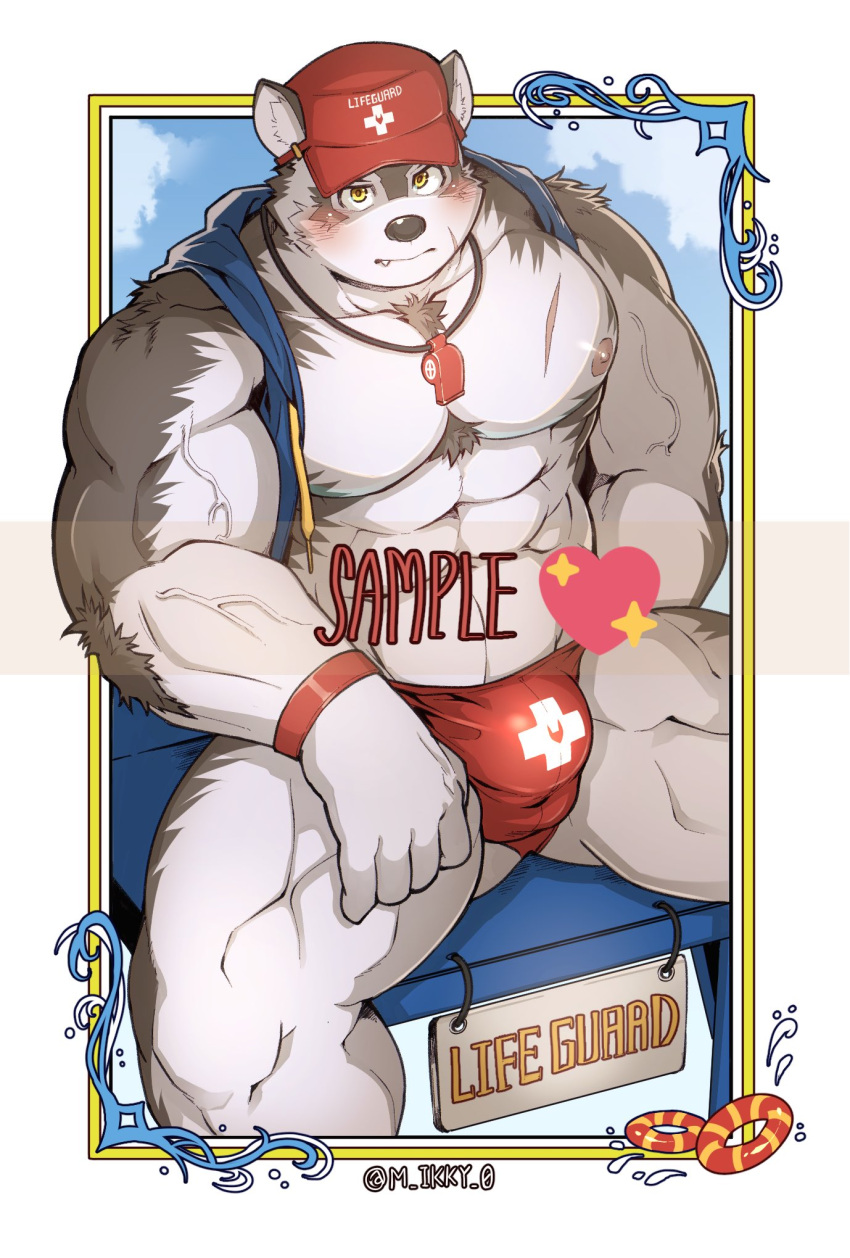 1boy abs alternate_costume animal_ears bara bare_pecs bare_shoulders blue_shirt blush border bulge chest_hair emoji fang feet_out_of_frame furry grey_fur grey_hair highres hood hooded_jacket horkeu_kamui_(tokyo_houkago_summoners) jacket lifeguard lifeguard_chair m_ikky male_focus male_swimwear muscular muscular_male navel nipples pectorals sample shirt short_hair silver_hair sleeveless sleeveless_jacket solo spread_legs stomach swim_briefs swimwear tail thick_thighs thighs tokyo_houkago_summoners two-tone_fur whistle whistle_around_neck white_fur wolf_boy wolf_ears wolf_tail yellow_eyes