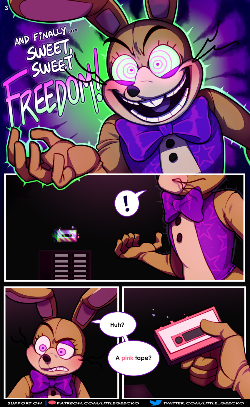! 2020 5_fingers ? anthro big_bow_tie big_ears black_background blush bottomless bottomless_male bow_tie buckteeth cassette cassette_tape close-up clothed clothing comic comic_page comic_panel dialogue english_text eyelashes fingers five_nights_at_freddy's five_nights_at_freddy's_vr:help_wanted fnaf_vr_help_wanted frown glitchtrap green_background green_sclera hi_res lagomorph leporid littlegeecko long_ears long_whiskers male mammal multicolored_body multicolored_ears multicolored_eyes open_mouth pink_eyes purple_background purple_tongue question rabbit raised_arm simple_background solo speech_bubble star swirling_eyes tan_body tan_ears teeth text tongue topwear vest video_games whiskers white_body white_ears yelling