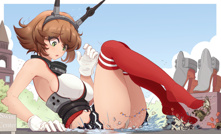 1girl black_skirt breasts brown_hair english_commentary footwear_removed giant giantess gloves green_eyes headgear kantai_collection large_breasts looking_down messy_hair mutsu_(kantai_collection) panties pleated_skirt pool raps_(yohomeboyraps) rudder_footwear short_hair sideboob skirt solo surprised underwear white_gloves