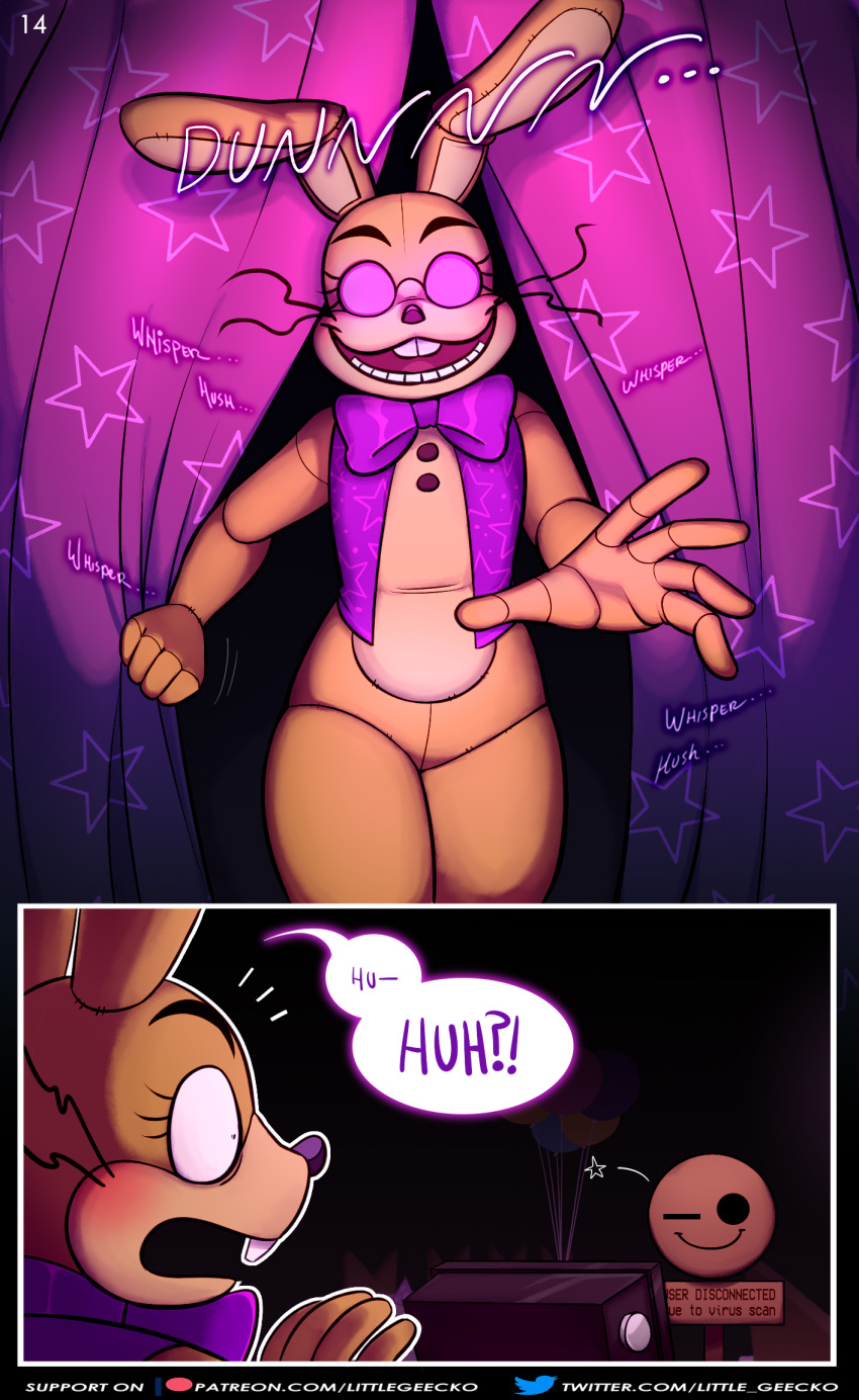 ! 2020 5_fingers ? anthro balloon big_bow_tie big_ears black_background blush bottomless bottomless_male bow_tie buckteeth chair clothed clothing comic comic_page comic_panel curtains dialogue dilated_pupils emoji english_text eyelashes eyes_closed featureless_crotch fingers five_nights_at_freddy's five_nights_at_freddy's_vr:help_wanted fnaf_vr_help_wanted furniture glitchtrap hi_res lagomorph leporid littlegeecko long_ears long_whiskers male mammal monitor motion_lines multicolored_body multicolored_ears one_eye_closed open_mouth pink_eyes question rabbit reaching reaching_towards_viewer restaurant shocked sign simple_background smile solo speech_bubble stage_curtains star tan_body tan_ears teeth text thick_thighs topwear url vest video_games walking whiskers white_body white_ears wide_eyed wink