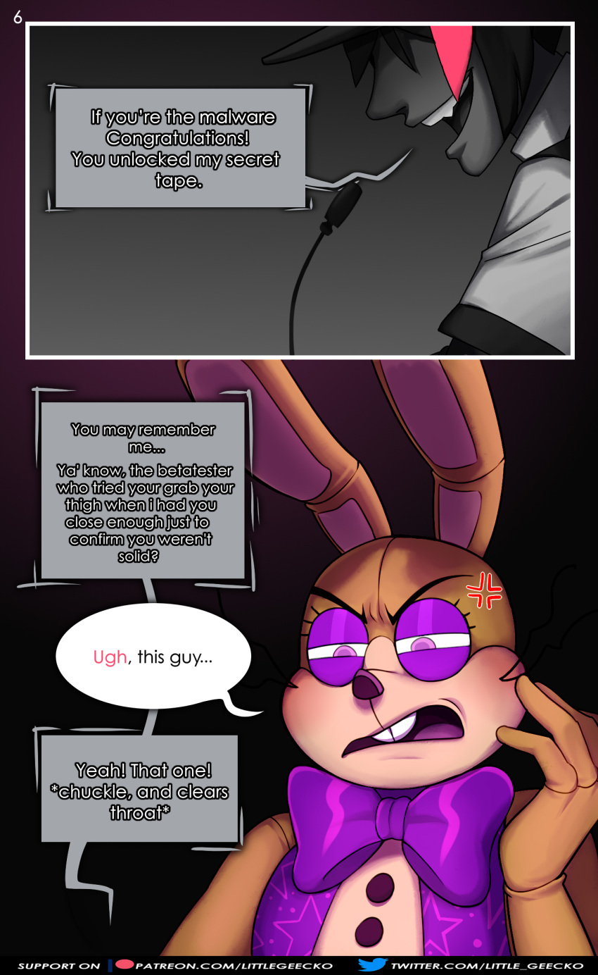 ... 2020 ? angry anthro big_bow_tie big_ears black_background black_hair blush bottomless bottomless_male bow_tie buckteeth close-up clothed clothing comic comic_page comic_panel cross-popping_vein dialogue dialogue_box english_text eyelashes fangs fingers five_nights_at_freddy's five_nights_at_freddy's_vr:help_wanted fnaf_vr_help_wanted frown glitchtrap grey_background grey_body grey_skin hair hi_res human lagomorph leporid littlegeecko long_ears long_whiskers looking_down male mammal microphone multicolored_body multicolored_ears multicolored_hair narrowed_eyes nightguard open_mouth pink_eyes question rabbit red_hair security security_guard sharp_teeth shirt simple_background smile speech_bubble squint tan_body tan_ears teeth text topwear uniform url vein vest video_games whiskers white_body white_ears