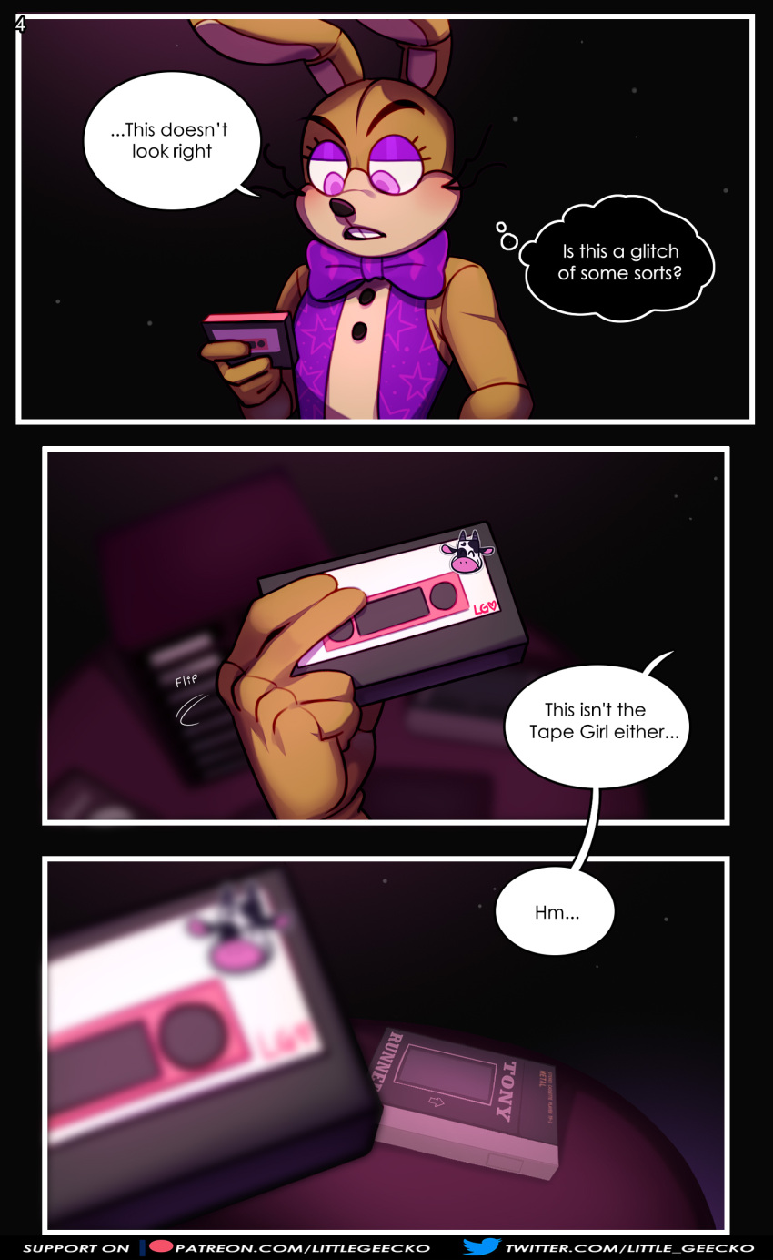 ... 2020 ? anthro big_bow_tie big_ears black_background blur_(disambiguation) blush bottomless bottomless_male bow_tie buckteeth cassette cassette_player cassette_tape close-up clothed clothing comic comic_page comic_panel dialogue english_text eyelashes fingers five_nights_at_freddy's five_nights_at_freddy's_vr:help_wanted flipping_over flipping_over_object fnaf_vr_help_wanted frown furniture glitchtrap half-closed_eyes hi_res holding_object lagomorph leporid littlegeecko long_ears long_whiskers looking_down male mammal motion_lines multicolored_body multicolored_ears narrowed_eyes pink_eyes question rabbit simple_background solo speech_bubble standing table tan_body tan_ears teeth text thinking thought_bubble topwear url vest video_games whiskers white_body white_ears