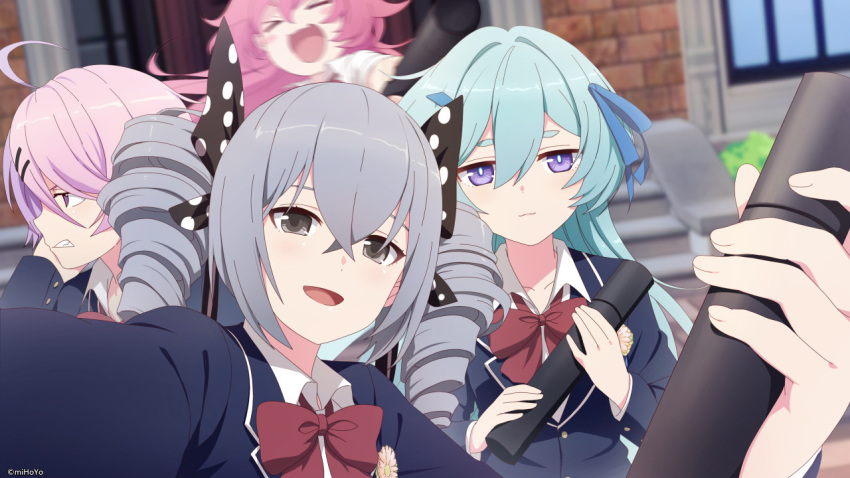 &gt;_&lt; 4girls :d ahoge artist_request blue_jacket blurry blush_stickers bronya_zaychik closed_eyes closed_mouth collarbone collared_shirt diploma drill_hair flower graduation group_picture hair_between_eyes hair_ornament hair_ribbon hairpin holding honkai_(series) honkai_impact_3rd insignia jacket light_blue_hair liliya_olenyeva long_hair long_sleeves looking_at_viewer looking_away multicolored_hair multiple_girls neck_ribbon official_art open_mouth outstretched_arm pink_hair pointing pointing_at_viewer purple_eyes purple_hair red_ribbon ribbon rozaliya_olenyeva school_uniform shirt sidelocks silver_hair sin_mal smile source_request teeth tube twin_drills twintails two-tone_hair watermark white_shirt xd