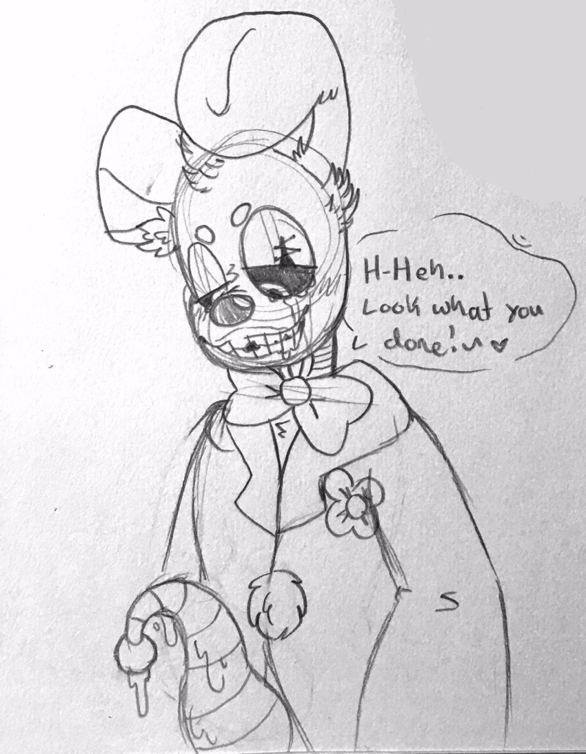 2020 animatronic anthro bodily_fluids bow_tie candyxxxcorpse clothed clothing clown clown_springtrap_(fnaf) cum dialogue english_text erection five_nights_at_freddy's flower genital_fluids genitals hi_res lagomorph leporid long_ears looking_at_genitalia looking_down machine male mammal penis plant rabbit robot sketch solo springtrap_(fnaf) talking_to_viewer tapering_penis text traditional_media_(artwork) unusual_genitalia unusual_penis video_games